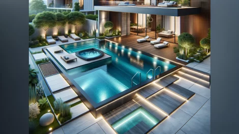 image graphique représentant une piscine contemporaine dans un espace extérieur moderne et élégant. La piscine présente un design épuré avec des lignes nettes, un bord à débordement et un éclairage sous-marin LED. L'espace environnant comprend une terrasse chic en pierre naturelle et en matériaux composites, des chaises longues confortables et une verdure luxuriante. Des zones de détente intégrées, comme des bancs immergés et un bain à remous, sont également visibles, ainsi que des caractéristiques écologiques telles que des panneaux solaires et une couverture de piscine automatisée.